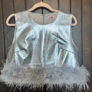 Silver with gray fur Buddy Love top. Cropped.